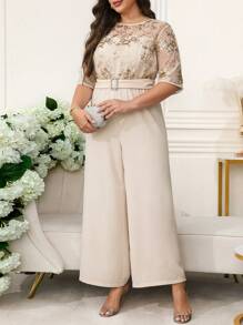 Ellevyn Curvy Plus Size Women's Romantic Elegant Daily Round Neck Short Sleeve Shiny Sequins Decoration Waist Wide Leg Apricot Jumpsuit,Wedding Guest Dress Women,Business Casual Woman,Birthday Outfits For Women,Country Concert Outfit,Festival Outfits For Women,Classy Outfits For Women,Jumpsuits For Woman Elegant,Romper,Jumpsuits For Woman,Bodysuits For Women,Summer Outfits For Women,Summer,Vacation Outfits Woman,Vacation,Women Summer Clothes,Going Out ,Plus Size Women Clothes,Clothes,Curve Plus