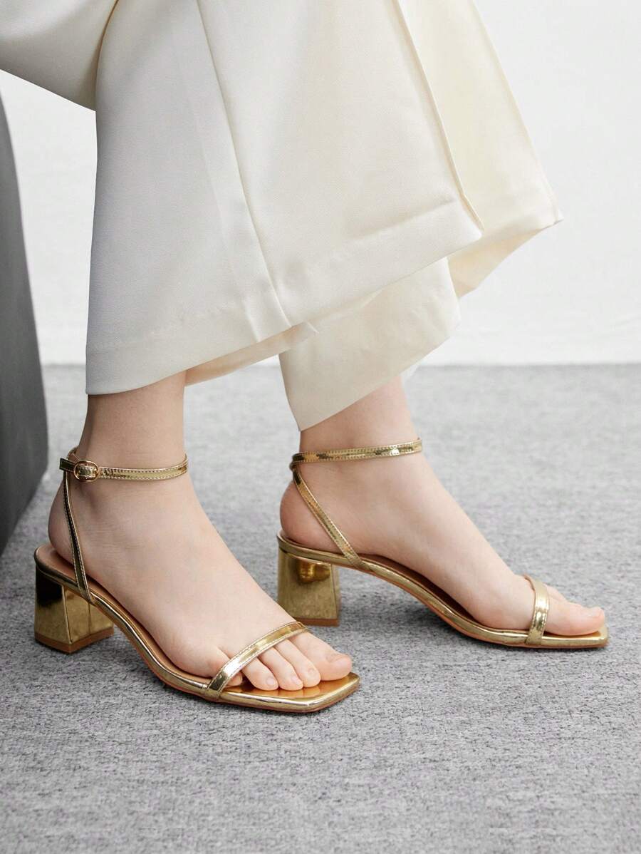 CUCCOO BIZCHIC 女士时尚金色细带踝带舒适粗跟凉鞋，适合通勤、约会、派对、度假、户外散步 - 金色 - 查看 1