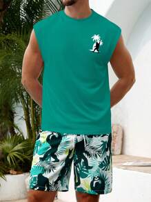 Manfinity RSRT Conjunto casual de chaleco cuello redondo y short con estampado total para hombres