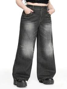 ROMWE Grunge Punk Retro Streetwear Distressed Studded Design Plus Size Women Loose Low Waist Flare Leg Jeans - Light Grey - View 4