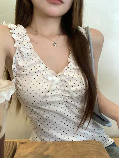 DAZY Korean Style Women's Polka Dot Sleeveless Bowknot Blouse Top
