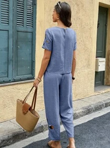 Breezaya Bộ 2 món Áo sơ mi cổ tròn tay ngắn khoét rỗng cho nữ + Quần dài thường ngày khoét rỗng - Màu xanh lam - Xem 2