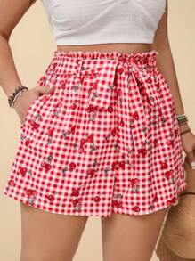 SHEIN VCAY Plus Size Red Plaid Fruit Cherry Print Ruffle Waist Tie Pocket Loose Shorts, Romantic Cute Casual Loose Shorts, Valentine, Summer Outfits For Women, Beach, Summer Clothes For Women - Red - View 4