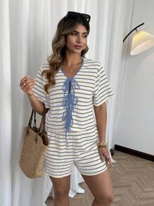 Flirla Plus Size Striped 2pc Set With Bowknot Waist Cardigan Shirt And Shorts - Baby Blue - View 1