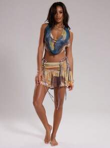 MUSERA Tie Dye Print Gerimpelde Minirok met Kralen Ibiza Past Lente Zomer Boho, Elegant, Vakantie