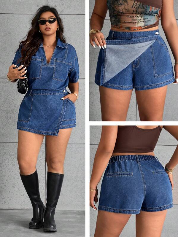 SHEIN ICON Short vaquero informal con bolsillos y diseño envolvente de unicolor, para tallas grandes, para verano