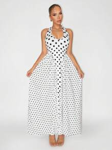 Zolique Vestido vintage assimétrico com decote em V e bolinhas para mulheres, férias de verão