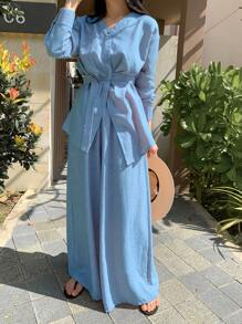 DAZY 优雅不对称衬衫上衣和阔腿裤女式两件套，秋季女装 - 淺藍色 - 查看 2