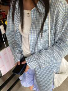 DAZY 女士格子宽松休闲长袖衬衫上衣，法兰绒女装，秋季女装 - 淺藍色 - 查看 8