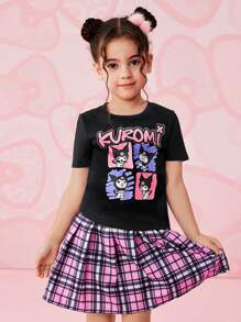 HELLO KITTY AND FRIENDS | SHEIN 少女卡通字母图案圆领短袖T恤，多件装，夏季 - 黑色 - 查看 4