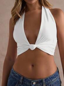 Glamine Áo hở lưng cổ chữ V nhún bèo màu trắng gợi cảm, Áo hẹn hò, Áo mùa hè, Áo đi biển cho nữ, Áo crop top trắng cho nữ, Áo xoắn phía trước, Áo cổ chữ V sâu - trắng - Xem 6