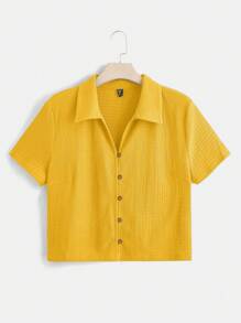 SHEIN EZwear 大码休闲纯色针织 T 恤 - 黃色 - 查看 1