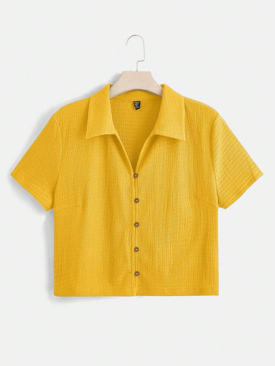 SHEIN EZwear 大码休闲纯色针织 T 恤 - 黃色 - 查看 1