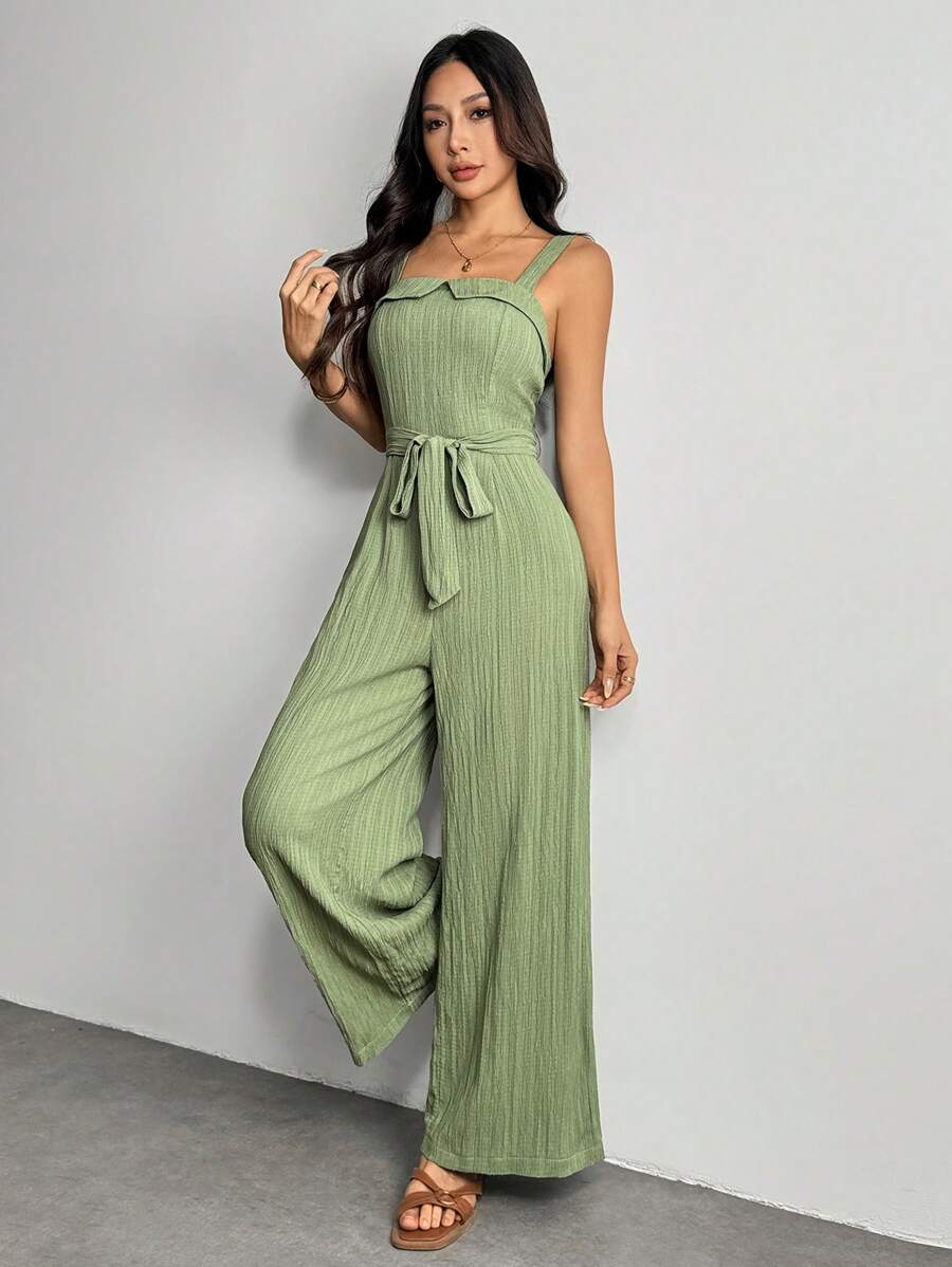 SHEIN PETITE Bộ đồ liền thân ống rộng buộc eo màu trơn dành cho nữ, Trang phục mùa hè, Kỳ nghỉ, Xanh lá cây xô thơm, Bộ đồ liền thân có cổ bẻ và thắt eo. Quần ống rộng - màu xanh lá - Xem 1