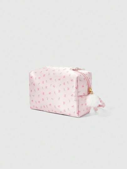 Kawaii Cute Girls Heart-Shaped White Lace & Pink Bow Design Large Capacity Portable Cosmetic Bag, Item No: 401422/412463
