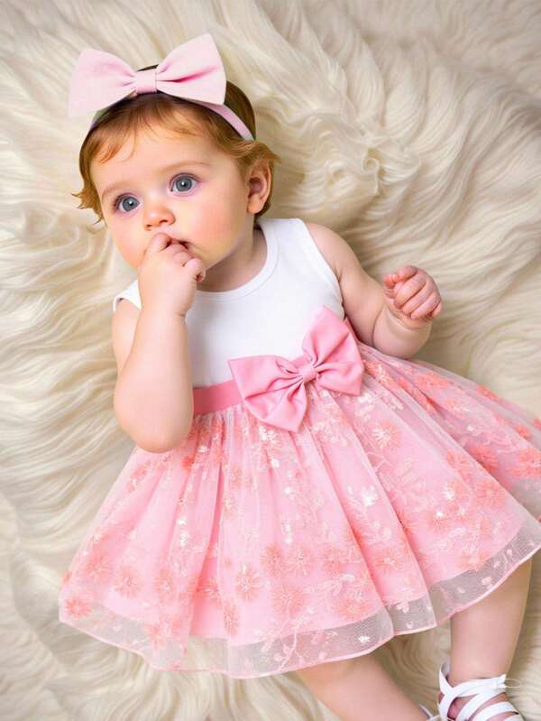 SHEIN Sommer Baby Mädchen weiß ärmellos Patchwork Schleife rosa Blume Stickerei Tüll Kleid