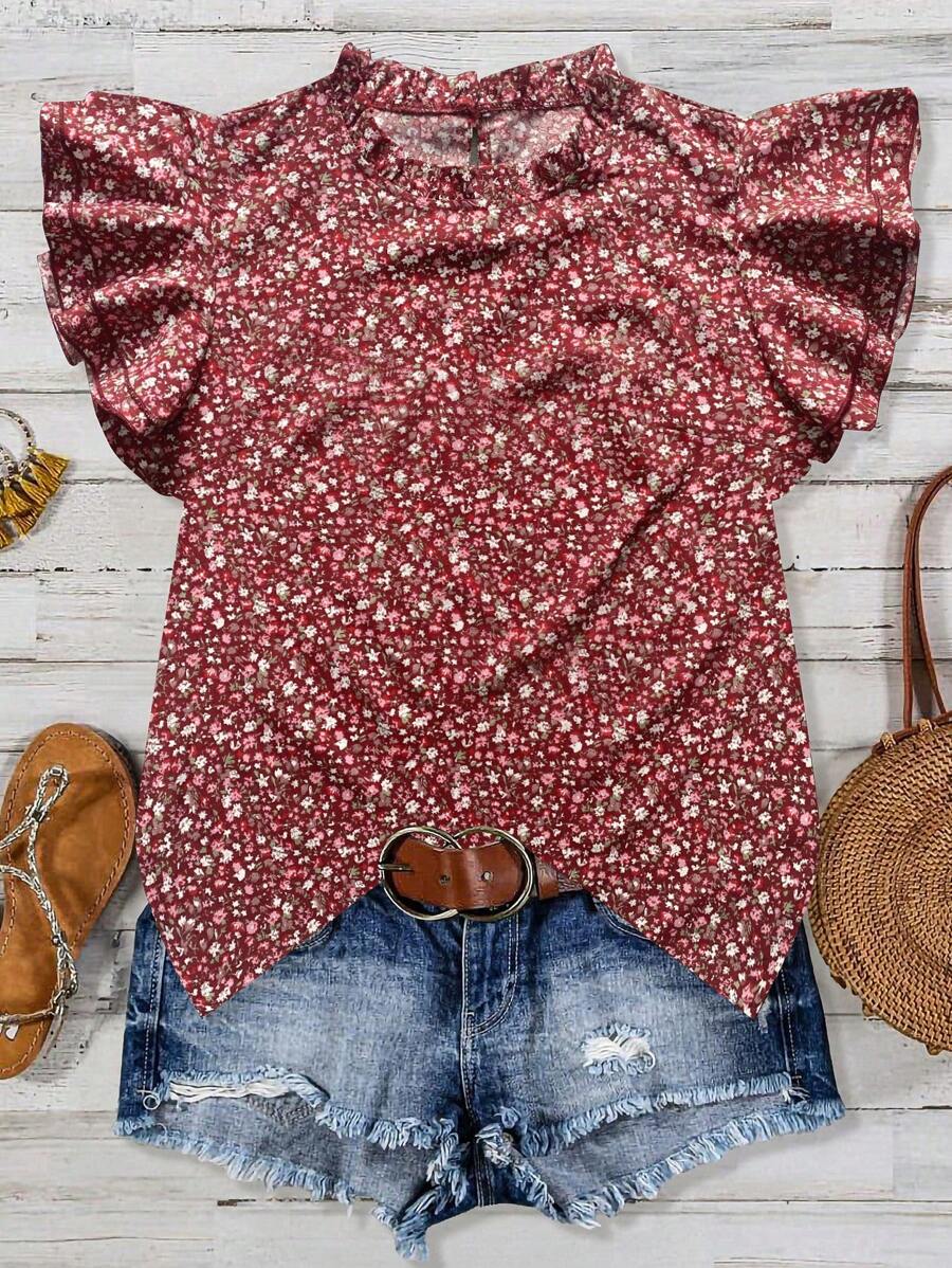 SHEIN LUNE 女式休闲黑色碎花立领双层荷叶边袖短袖衬衫，春夏 - 酒紅色 - 查看 1