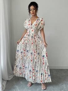 Rafferiza Vestido corto con espalda cruzada, plisado en la cintura y estampado digital para mujeres