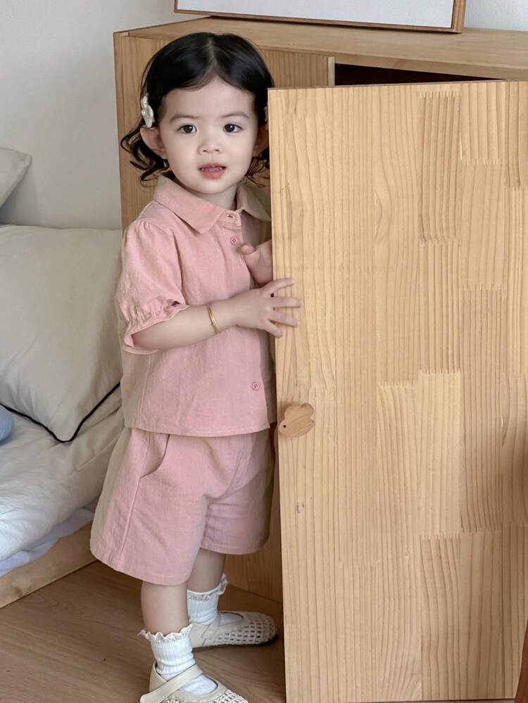 2pcs Baby Girls Polo Collar Solid Color Casual Shirt And Shorts Set Toddler Girls Clothes