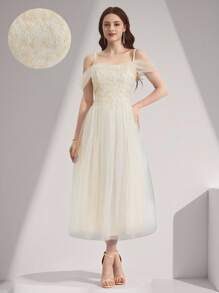 Poshira Abito da donna di colore unito, adatto per feste, abito da sera lussuoso alla moda per l'estate, abito morbido con pizzo bianco, vestito da cerimonia