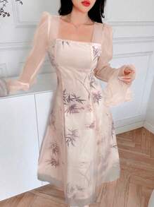 Modelyn 女士优雅花卉印花喇叭袖收腰中长欧根纱连衣裙 - 粉色 - 查看 6