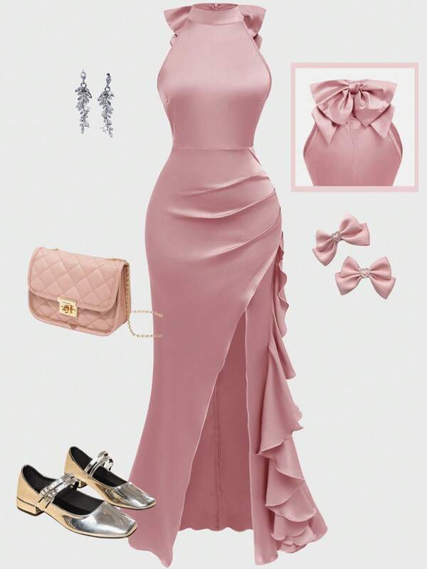 SHEIN Girlism Elegant Teen Girls Pinkish-Lotus Ruched Collar Bow Ruffle Hem Dress, Suitable For , Party, Evening Event, Festival, Wedding, Homecoming