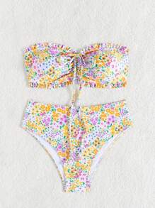 SHEIN Swim 女士夏季海滩度假新款可爱露肩荷叶边碎花比基尼套装，搭配精致珍珠吊坠抽绳领带 - 彩色 - 查看 3