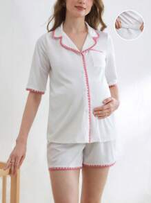 BloomMama 2 Paquetes de Pijama de Maternidad de Manga Corta con Botones para Lactancia, Conjunto de Ropa de Estar en Casa Moda Ropa de Dormir - Beis - Ver 1