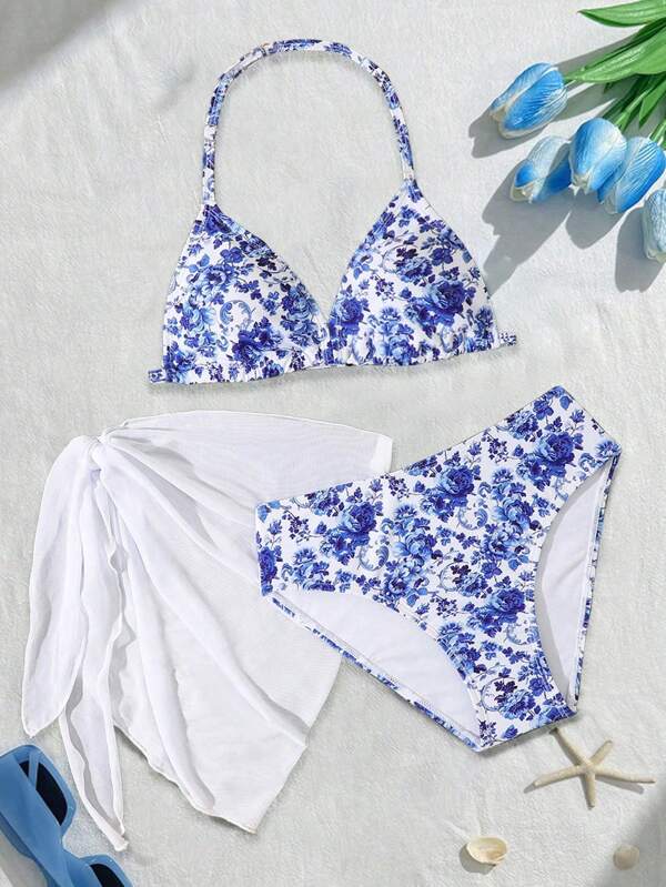 3pcs Tween Girl Swimsuit Set, Hot Selling Floral & Leaf Print In White, Blue, Multi Color, Beach Holiday Party, Spring/Summer