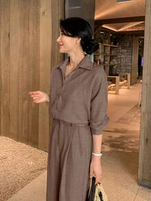 DAZY 2pcs/Set Elegant Women Blouse Top And Casual Trousers Set Fall/Winter - Camel - View 3