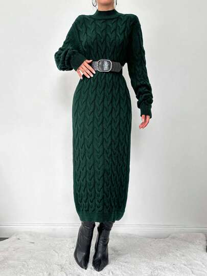 EURMUSE Enfärgad långärmad stickad klänning för kvinnor, lämplig för höst/vinter