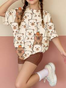 SHEIN Set de 2 piezas con camiseta de manga corta holgada y shorts con estampado tierno de capibara en color Mellard, adecuado para adolescentes y verano