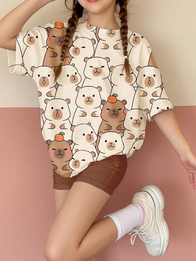 SHEIN Leap Crew 2pcs/Set Cute Capybara Print Mellard Color Casual Loose Short Sleeve T-Shirt And Shorts Set, Suitable For Teens And Summer