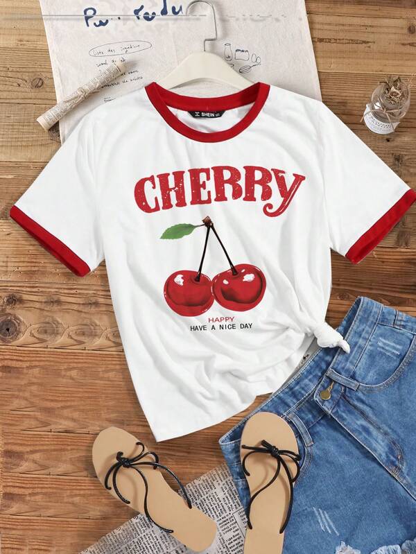 Attitoon Tricou casual de damă roșu cu mânecă scurtă, potrivit pentru vară, 34% bumbac, imprimeu cireșe, stil retro vintage, stil casual, stil sexy, drăguț, Y2K, cocos, boho, festival de muzică