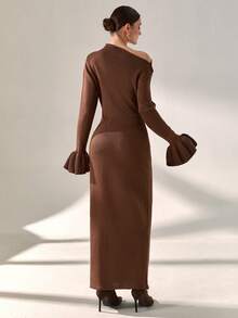 EURMUSE Elegant Draped Mock Neckline Long Sleeve Ruffle Cuff Maxi Bodycon Knitted Solid Color Chic Knitted Dress For Fall Winter - Brown - View 2