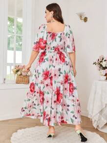 Modelyn Robe midi élégante pour les vacances avec encolure en V, manches courtes à volants, taille plissée et imprimé floral pour femmes grandes tailles
