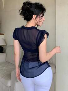 DAZY 女式多层荷叶边拼接修身性感半透明夏季雪纺开衫短袖衬衫 - 藏蓝色 - 查看 3