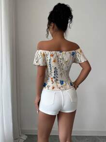 Elenzga Women's Vacation Floral Print One-Button Off-Shoulder Blouse