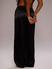 MUSERA 系带缎面长裤，90年代夏季优雅休闲可爱度假裤，春季家居服 - 黑色 - 查看 4