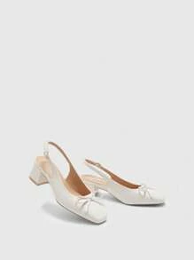 CUCCOO BIZCHIC Women's Fashion Beige Classic Bow Backstrap Flat Shoes, Suitable For Commuting, Dating, Party, Holiday, Casual Thick Heel Backstrap Flats