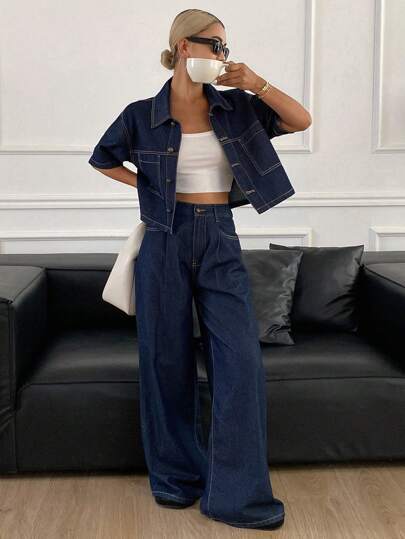 Livesso Women's Summer Short Sleeve Blouse And Wide Leg Jeans Casual Loose Suit,Back To School Clothes