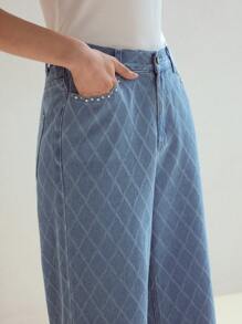 MOTF STUDIO 菱形花纹仿珍珠与水钻细节阔腿牛仔裤