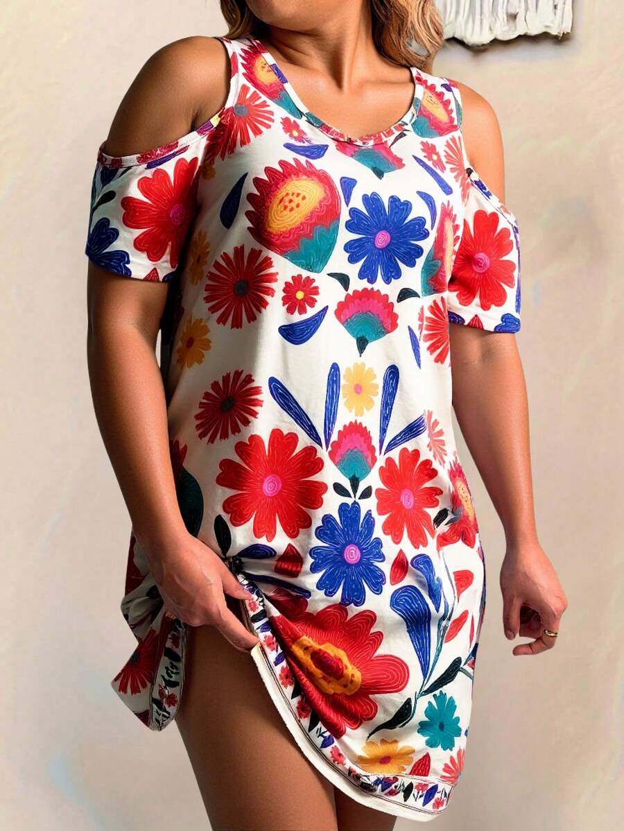 Sunserae Plus Size Floral Print Off-Shoulder Short Sleeve Dress For Summer - Multicolor - View 1