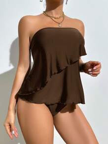 SHEIN Swim 女款優雅花卉飾邊平口式休閒坦基尼泳裝套裝，適合夏季海灘度假 - 棕色 - 查看 5
