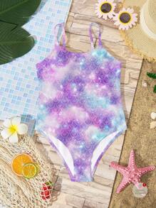 Bộ đồ bơi một mảnh đơn giản tối giản họa tiết nhuộm loang màu dành cho bé gái tuổi teen, phù hợp cho mùa hè - Nhiều màu - Xem 3