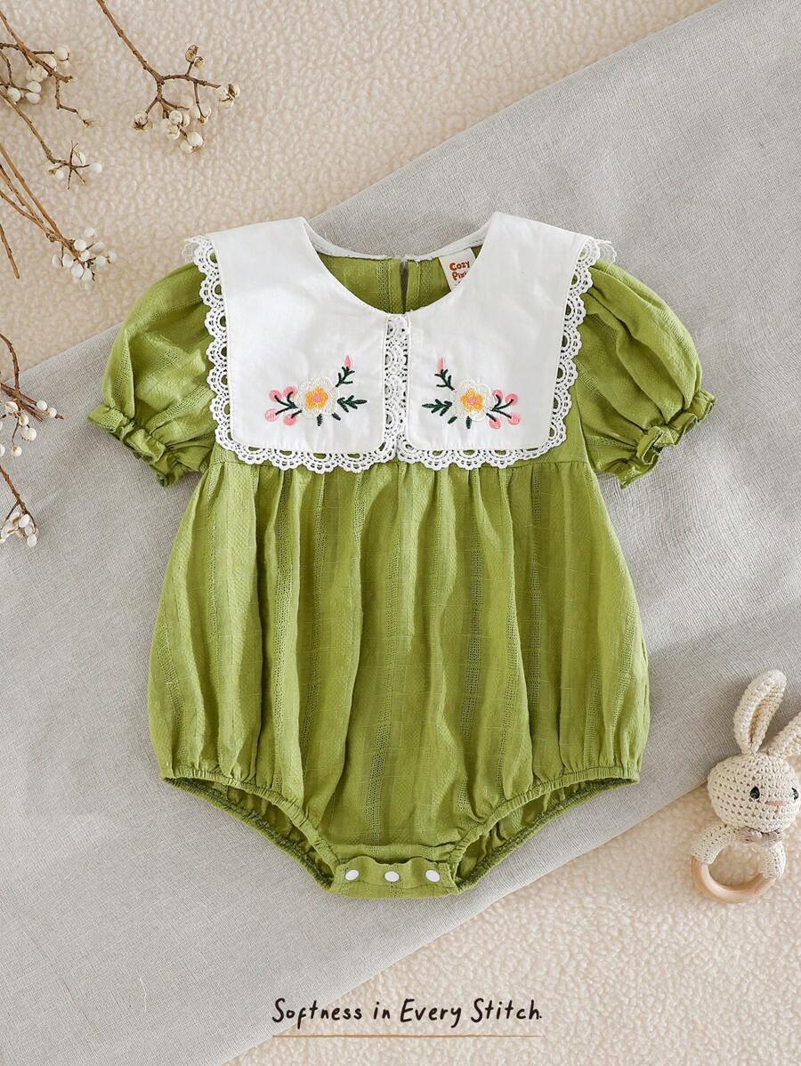 Cozy Pixies Baby Girl Colorblock Navy Collar Floral Print Short Sleeve Tie Waist Bodysuit - Purple - View 1