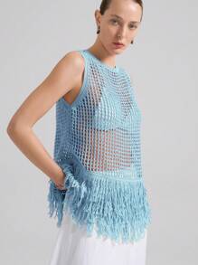 Ontre 斯德哥尔摩风格，女教师，秋季时尚，2025新款波西米亚度假风连衣裙，流苏下摆镂空无袖针织背心，亚麻粉色套头针织背心，V领度假风女式度假透视上衣