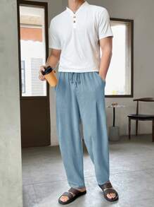 Manfinity ModaGents Pantalones rectos casuales con cintura ajustable con cordón para hombres