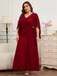 Reflora Curve Plus Size Women's Elegant Burgundy Winter Formal Wedding Guest Dress, V-Neck Ruffled Sleeve Modest Graduation Long Summer Dresses Outfit - Red - View 3