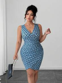 Elenzga Plus Size Women's Knit Summer Printed Elegant Commuter Fitted V-Neck Button Decor Slit Bodycon Blue Dress - Blue - View 1